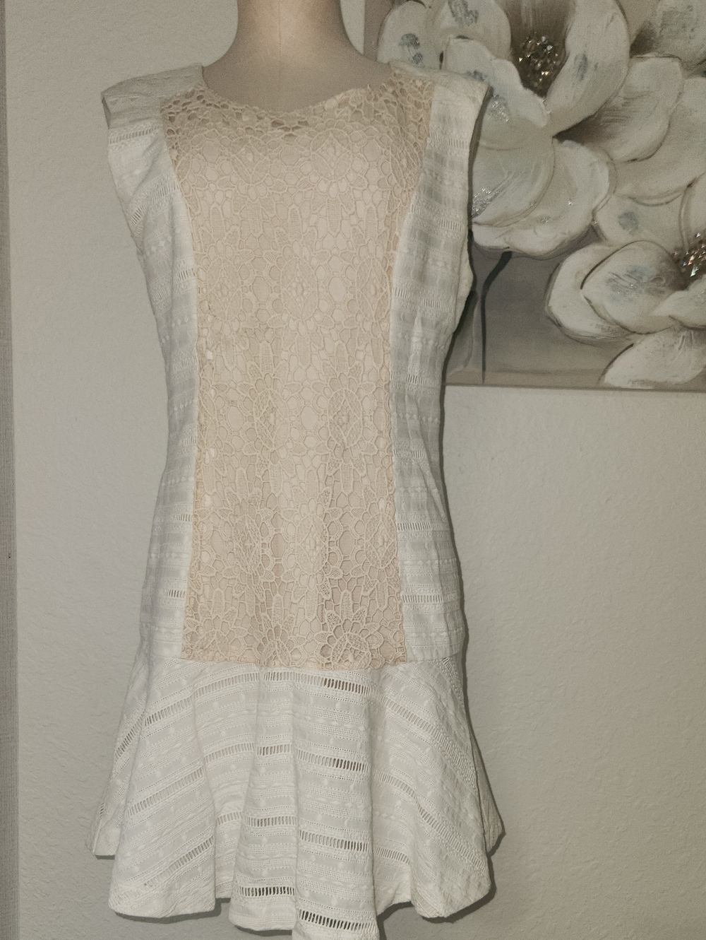 White & Beige Lace Panel Mini Dress